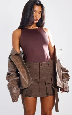 Washed Brown Faux Leather Pocket Cargo Mini Skirt