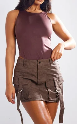Washed Brown Faux Leather Pocket Cargo Mini Skirt