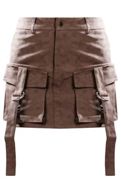 Washed Brown Faux Leather Pocket Cargo Mini Skirt