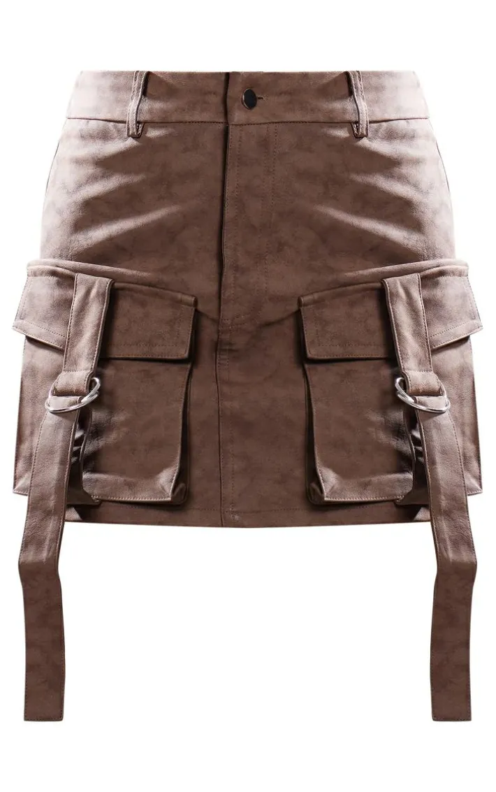 Washed Brown Faux Leather Pocket Cargo Mini Skirt