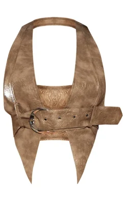 Washed Brown Faux Leather Halterneck Belted Crop Top