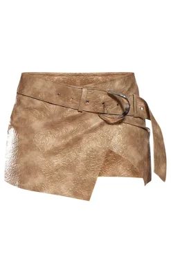 Washed Brown Faux Leather Belted Mini Skirt