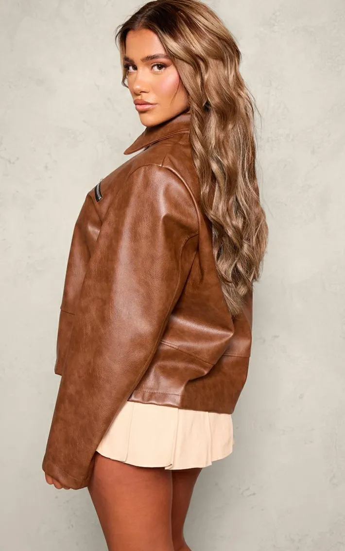 Washed Brown Faux Leather Zip Detail Longline Jacket