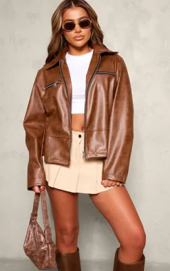 Washed Brown Faux Leather Zip Detail Longline Jacket