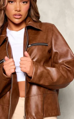 Washed Brown Faux Leather Zip Detail Longline Jacket