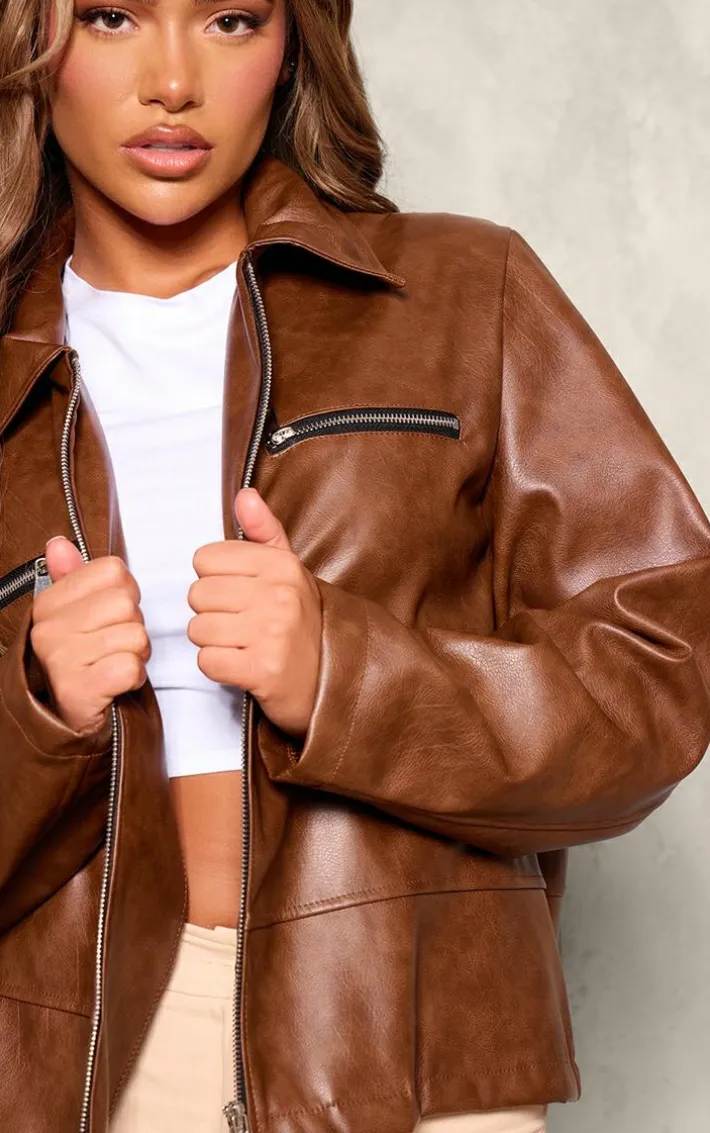 Washed Brown Faux Leather Zip Detail Longline Jacket