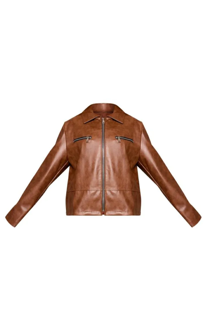 Washed Brown Faux Leather Zip Detail Longline Jacket