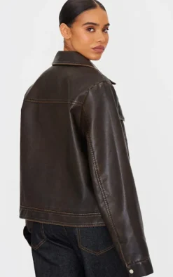 Washed Brown Faux Leather Brushed Seams Biker Jacket