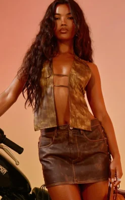 Washed Brown Faux Leather Lace Up Mini Skirt