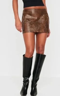 Washed Brown Faux Leather Studded Mini Skirt