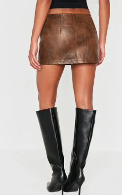 Washed Brown Faux Leather Studded Mini Skirt