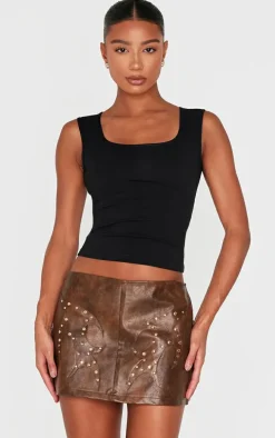 Washed Brown Faux Leather Studded Mini Skirt