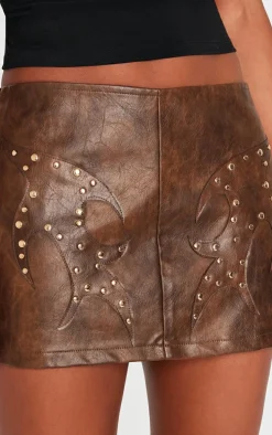Washed Brown Faux Leather Studded Mini Skirt