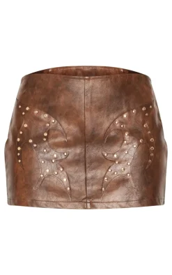 Washed Brown Faux Leather Studded Mini Skirt
