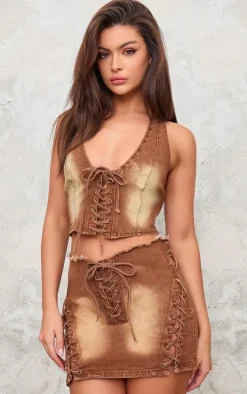 Washed Brown Lace Up Denim Mini Skirt
