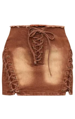 Washed Brown Lace Up Denim Mini Skirt