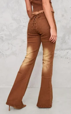 Washed Brown Lace Up Denim Jeans