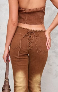 Washed Brown Lace Up Denim Jeans