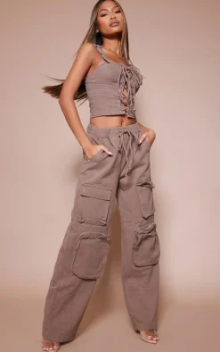 Washed Brown Lace Up Front Detail Denim Top