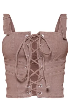 Washed Brown Lace Up Front Detail Denim Top