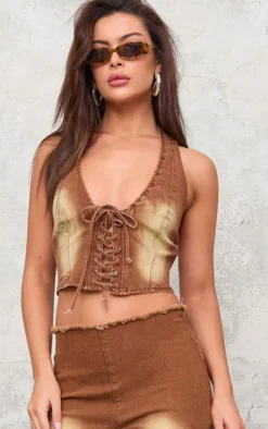 Washed Brown Lace Up Halter Neck Denim Top