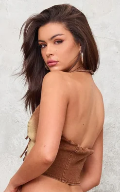 Washed Brown Lace Up Halter Neck Denim Top