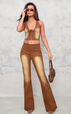 Washed Brown Lace Up Halter Neck Denim Top