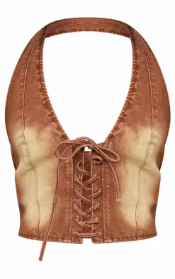 Washed Brown Lace Up Halter Neck Denim Top
