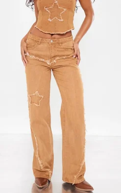 Washed Brown Raw Hem Detail Star Applique Wide Leg Jeans