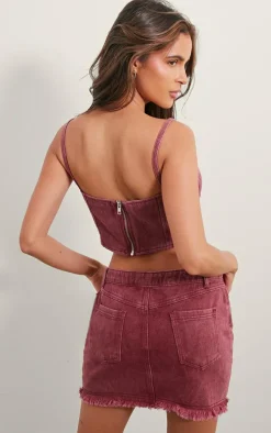 Washed Burgundy Dipped Hem Denim Corset Top