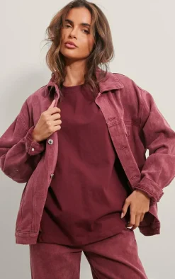 Washed Burgundy Oversized Boyfriend Denim Jacket