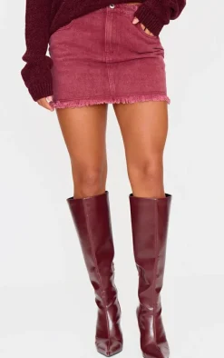 Washed Burgundy Raw Hem Denim Mini Skirt