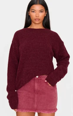 Washed Burgundy Raw Hem Denim Mini Skirt