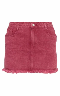 Washed Burgundy Raw Hem Denim Mini Skirt