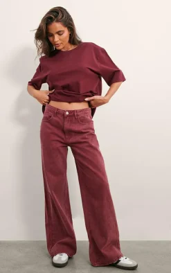 Washed Burgundy Wide Leg Jeans