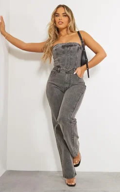 Washed Charcoal Bandeau Denim Jumpsuit