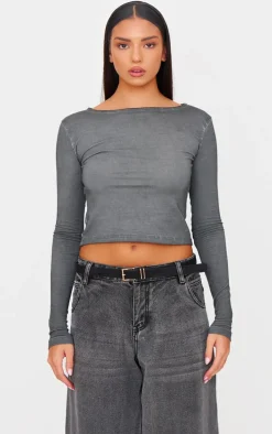 Washed Charcoal Premium Fitted Long Sleeve T Shirt