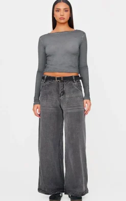 Washed Charcoal Premium Fitted Long Sleeve T Shirt