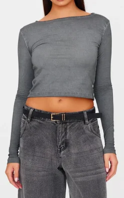 Washed Charcoal Premium Fitted Long Sleeve T Shirt