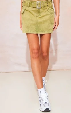Washed Green Belted Cargo Pocket Denim Mini Skirt