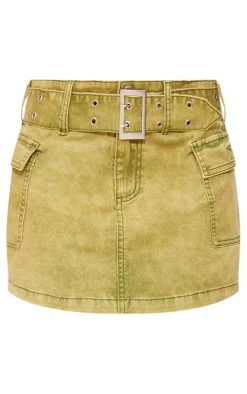 Washed Green Belted Cargo Pocket Denim Mini Skirt