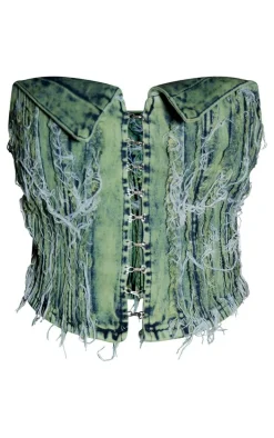 Washed Green Tint Distressed Hook And Eye Fold Over Bandeau Top