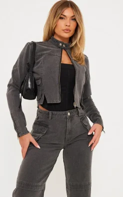 Washed Grey Acid Wash Zip Up Seam Detail Cropped Denim Jacket