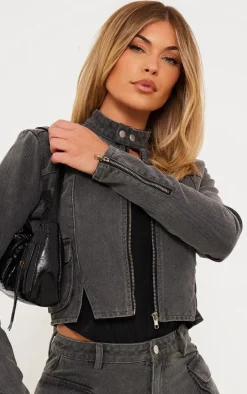 Washed Grey Acid Wash Zip Up Seam Detail Cropped Denim Jacket