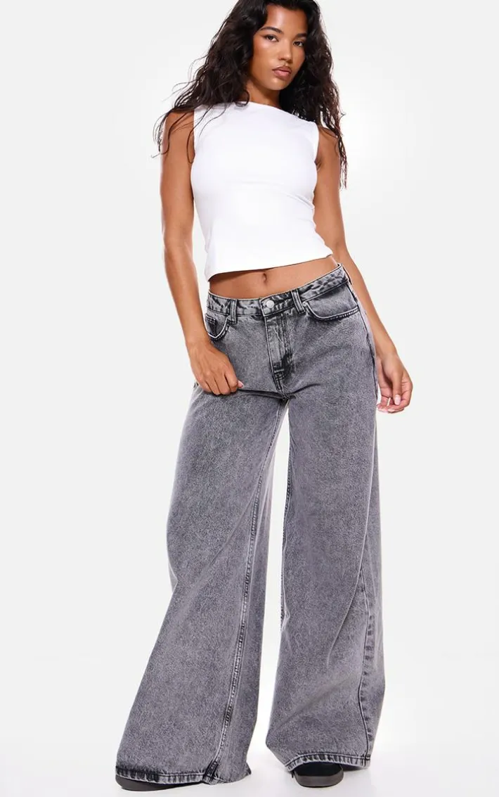 Washed Grey Baggy Long Leg Extreme Wide Leg Jeans