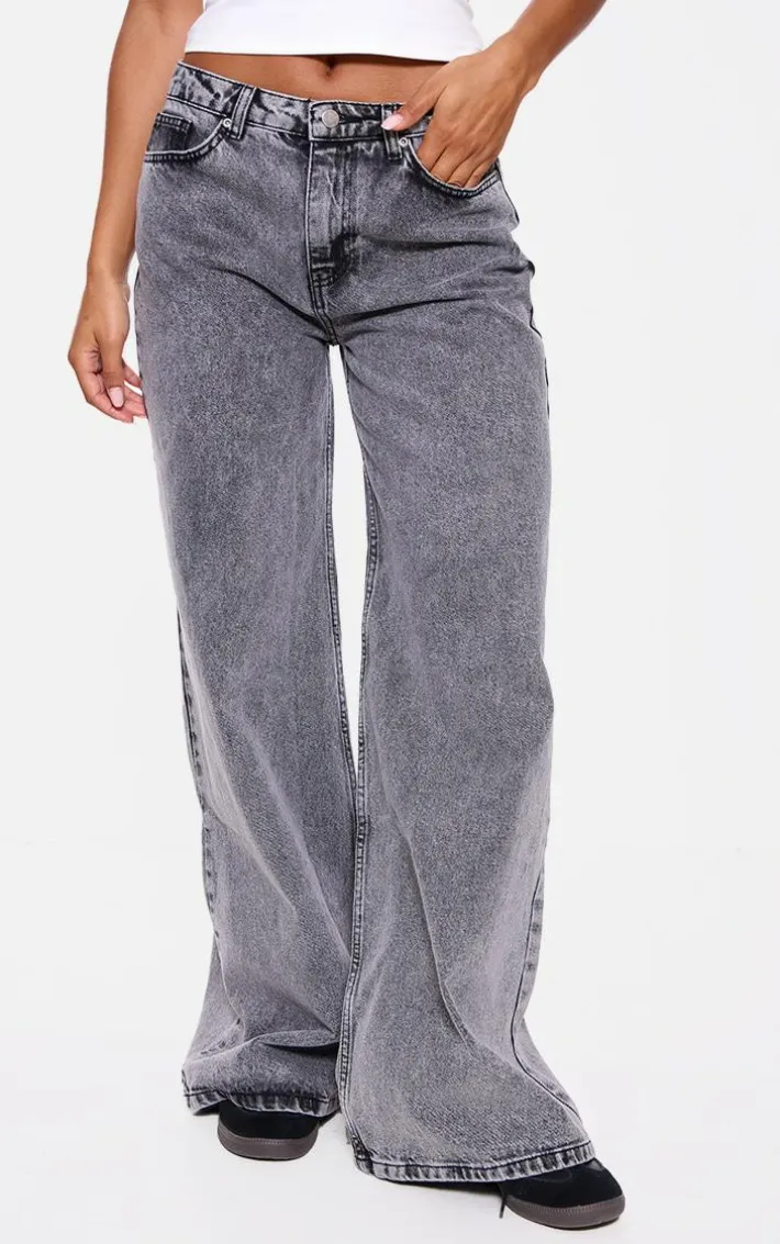 Washed Grey Baggy Long Leg Extreme Wide Leg Jeans