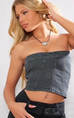 Washed Grey Bandeau Seam Detail Denim Corset Top