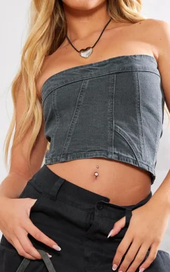 Washed Grey Bandeau Seam Detail Denim Corset Top