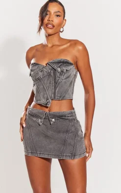Washed Grey Biker Waistband Detail Denim Mini Skirt