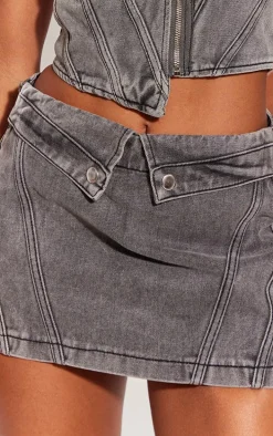 Washed Grey Biker Waistband Detail Denim Mini Skirt